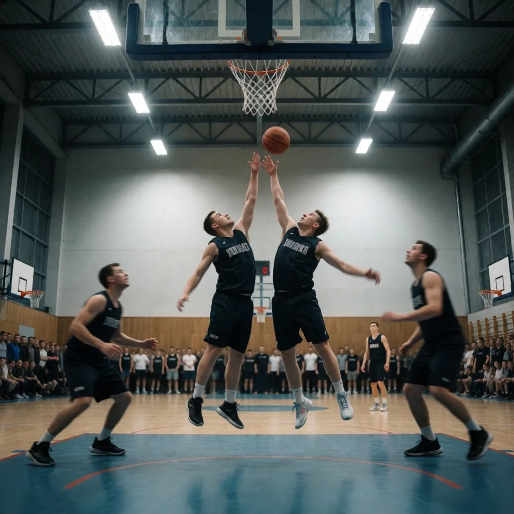 Amatorski mecz koszykówki w hali sportowej w dużej aglomeracji