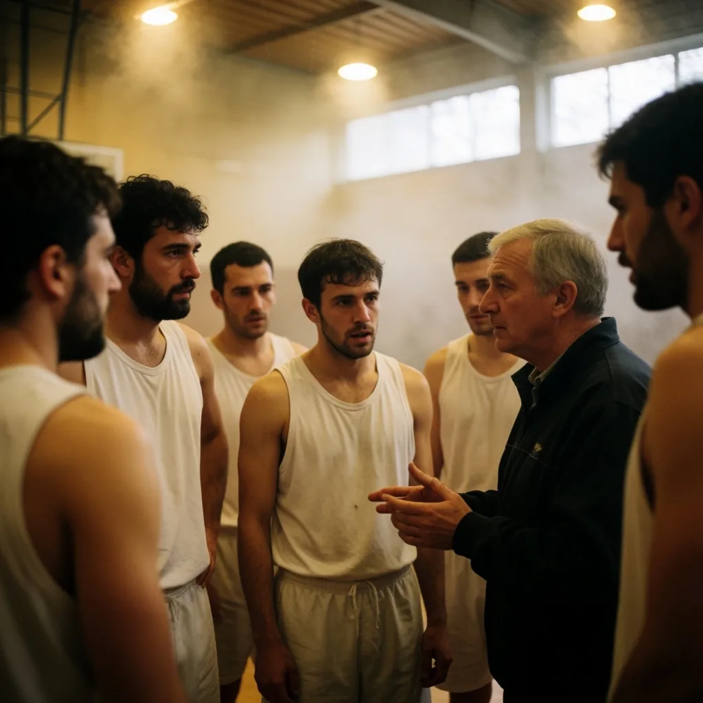 Amatorscy koszykarze z trenerem na hali