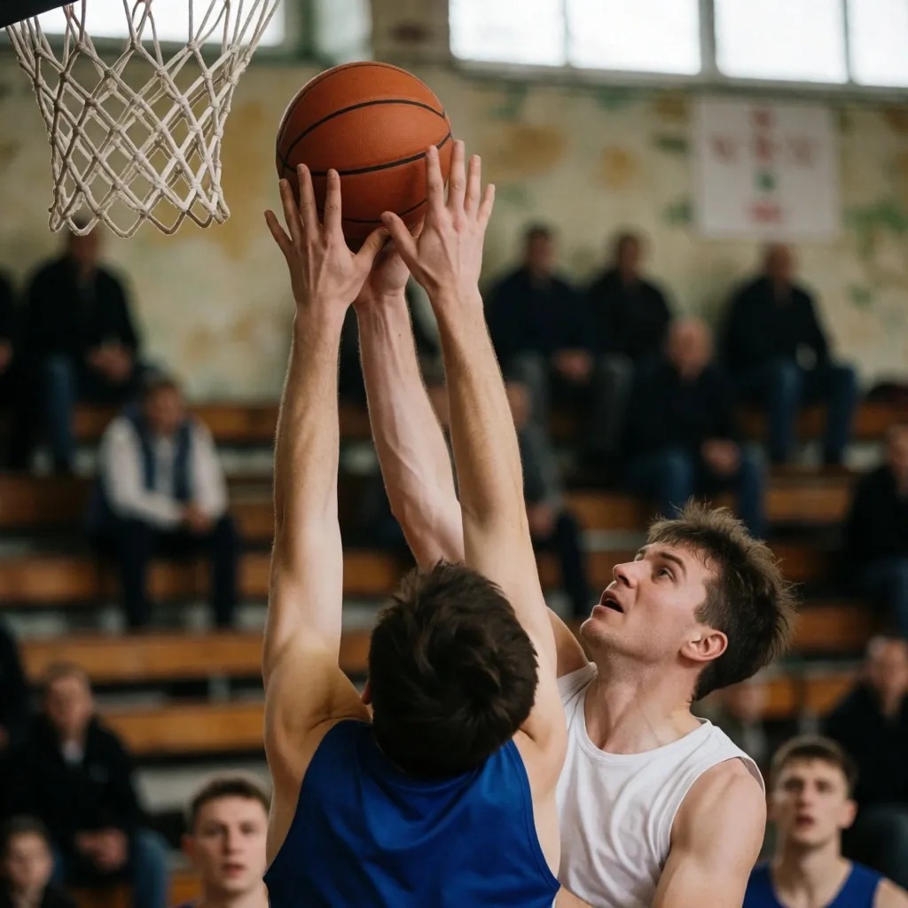 Mecz amatorskiej koszykówki w hali sportowej