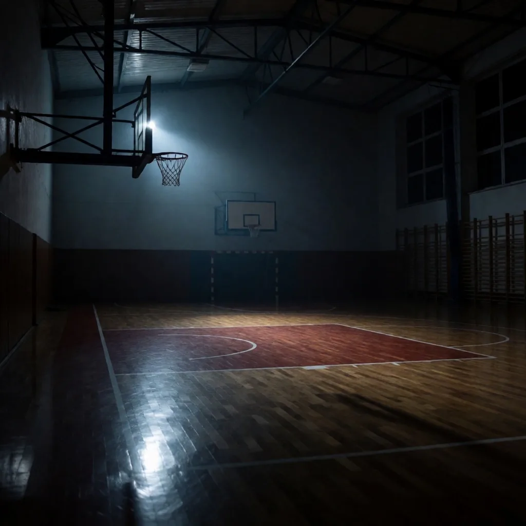 Pusty parkiet koszykarski w nocnej hali