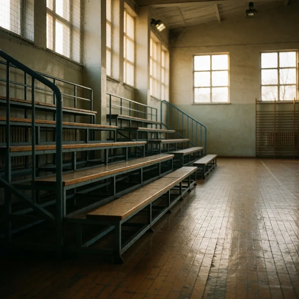 Wnętrze hali sportowej z trybunami i terminarzem